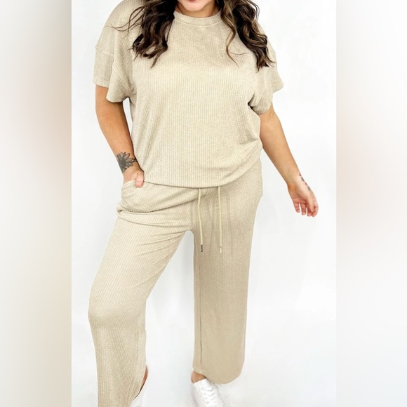 Double Take Textured Round Neck Short Sleeve T-Shirt and Wide Leg Pants set 2X - Picture 4 of 5